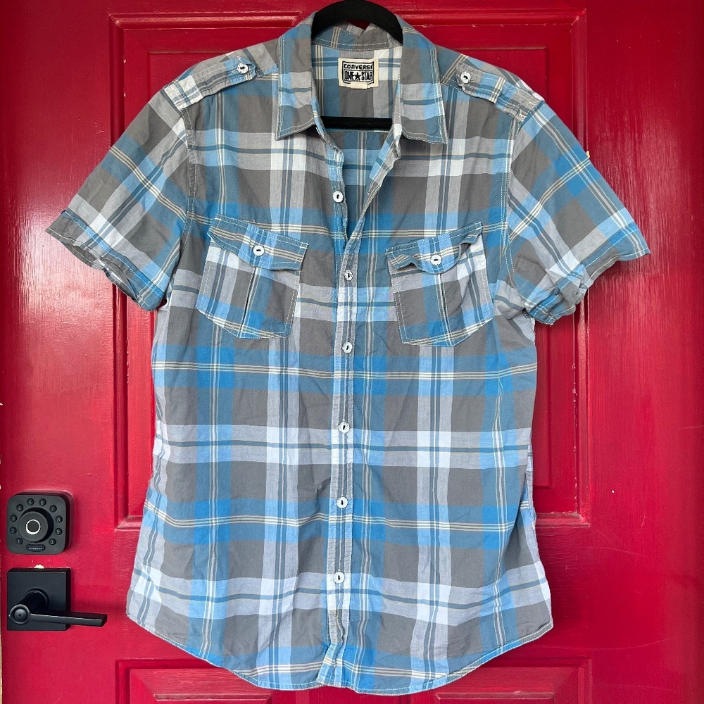 Converse One Star Men's Short Sleeve Large Blue White Grey Button Up Pockets